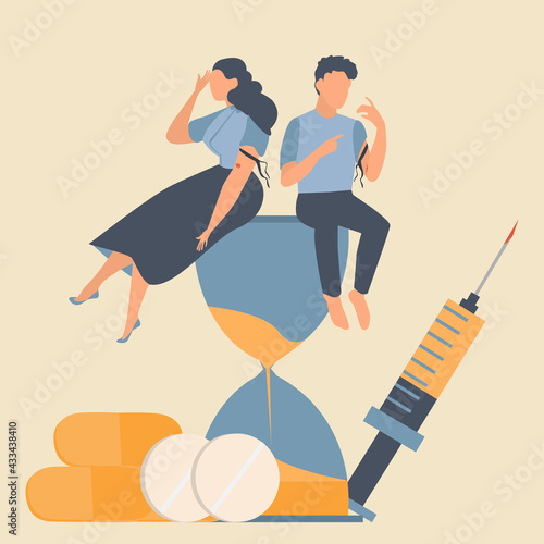 Drug addicted Broken Man and Woman using heroin and sitting on the hourglass with giant syringe and pill on background. Concept of people with heavy drug addiction. Opiate use. Vector illustration.