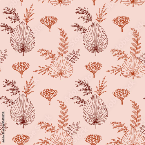 Hand drawn botany seamless pattern with dried palm leaves and pampas grass. Vector illustration in sketch style. Modern floral design