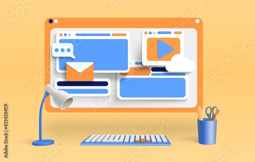 Computer screen with web windows, social media and digital communication symbols. 3d render vector illustration. Office desk render, computer, keyboard, lamp. Online search