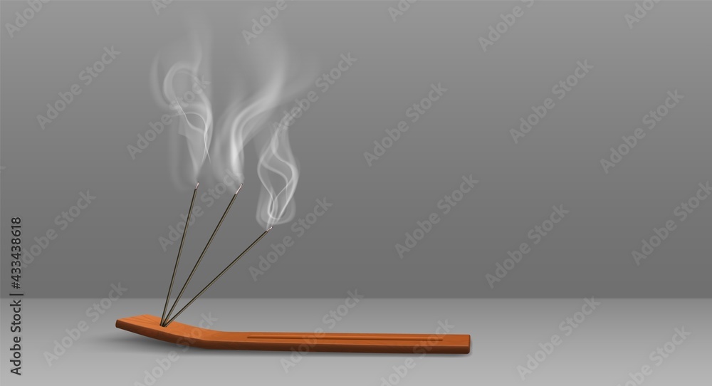 Aroma sticks incense with realistic smoke 3d vector illustration. Aroma stick on wooden stand isolated on transparent background. Aromatherapy and meditation - obrazy, fototapety, plakaty 