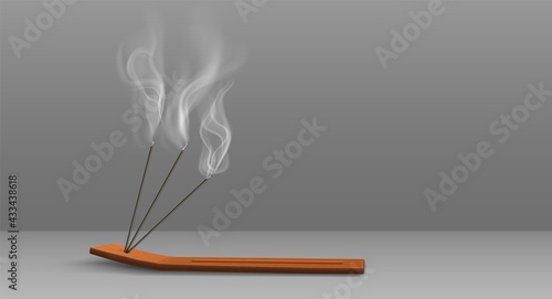 Aroma sticks incense with realistic smoke 3d vector illustration. Aroma stick on wooden stand isolated on transparent background. Aromatherapy and meditation photo