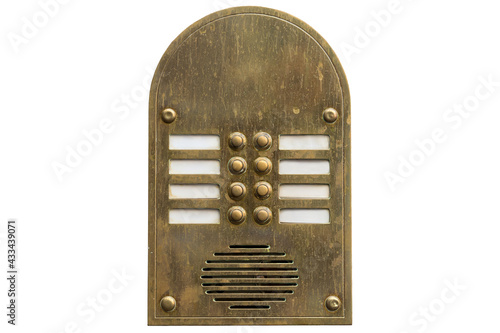 Old metal intercom cut out on white background. Isolated vintage object.