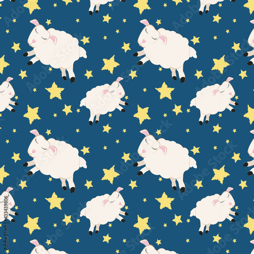 funny vector pattern on the theme of sleep with sheep and stars on a blue background