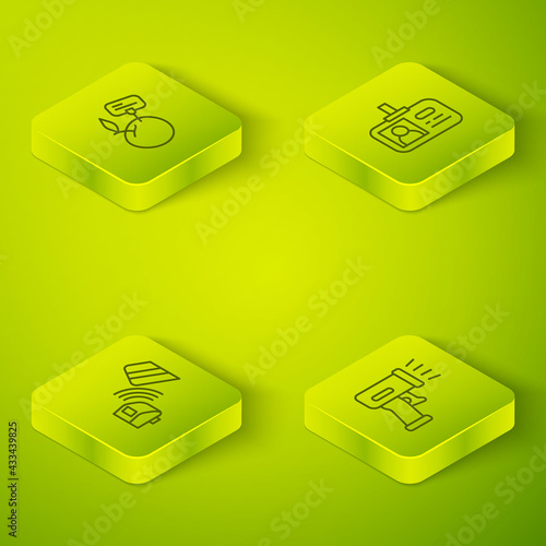 Set Isometric line Identification badge, POS terminal with credit card, Scanner scanning bar code and Supermarket food products price label icon. Vector