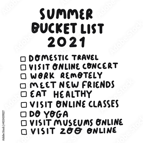 Summer bucket list 2021. Inspirational to do list. Illustration on white background.