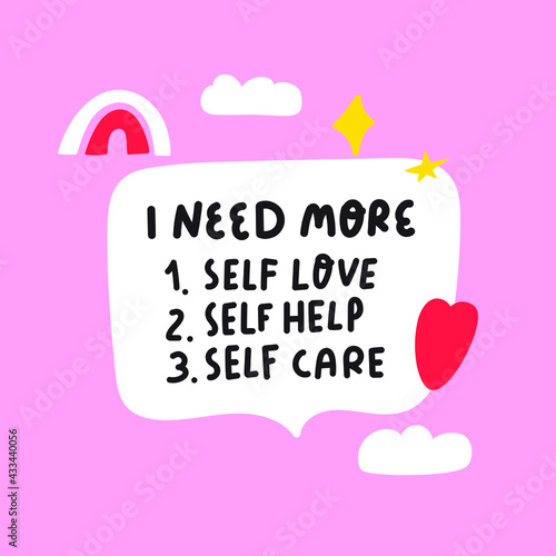 I need more self care. Hand drawn lettering illustration on pink background. 