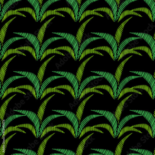 Green leaf embroidery stitches imitation on black background
