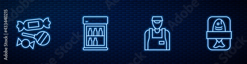 Set line Seller, Candy, Commercial refrigerator and Fish plastic tray container. Glowing neon icon on brick wall. Vector