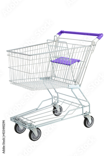 Empty shopping cart, side view, isolated on white background.