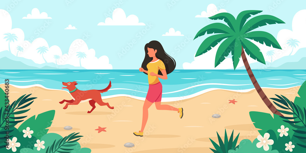 Leisure time on beach. Woman jogging with dog. Summer time. Vector illustration