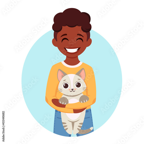 Cute black boy holding a cat in his hands. Black boy with pet. Vector illustration