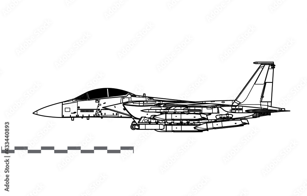 Boeing F-15E Strike Eagle with AGM-158 JASSM Missiles. Vector drawing of multirole strike fighter. Side view. Image for illustration and infographics. Boeing F-15E Strike Eagle with AGM-158 JASSM Missiles. Vector drawing of multirole strike fighter. Side view. Image for illustration and infographics.