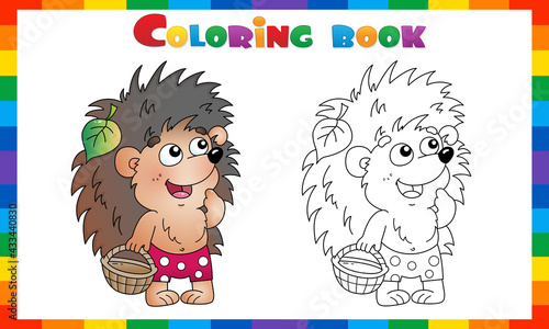 Coloring Page Outline Of cartoon small hedgehog with a basket for mushrooms. Coloring Book for kids.