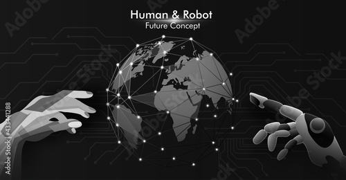 Wireframed blue robot hand vs human han touching digital world map on dark background 3D rendering  planet Earth interface   with virtual graphic interface. and artificial intelligence