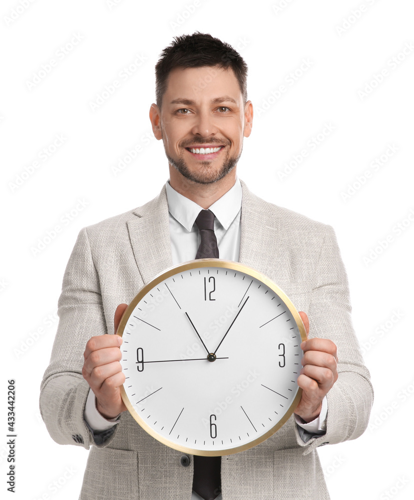 Happy businessman holding clock on white background. Time management Happy businessman holding clock on white background. Time management