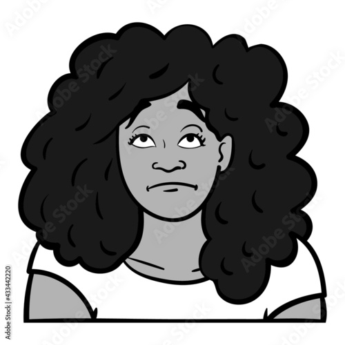 Monochrome woman with curly hair looks bored upwards.