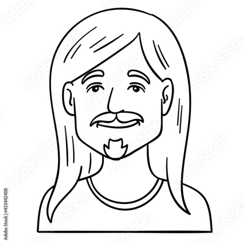 man with long hair and beard. monochrome, outline, comic, avatar.