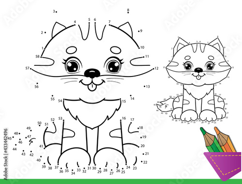 Puzzle Game for kids: numbers game. Coloring Page Outline of cartoon funny cat. Coloring Book for children.