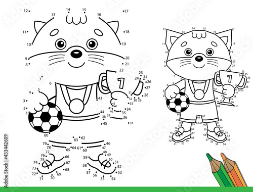 Puzzle Game for kids: numbers game. Coloring Page Outline Of Cartoon cat with cup and soccer ball. Champion or winner of football game. Coloring Book for children.