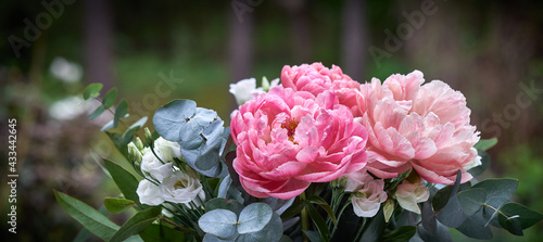 Fototapeta Naklejka Na Ścianę i Meble -  Bouquet with peonies, Paeonia suffruticosa, against blurred background