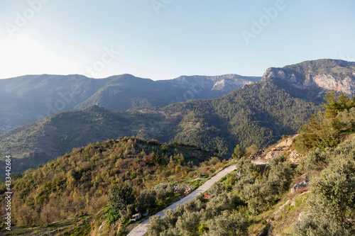 Beautiful mountain view with a switchback road. Copy space for text, background