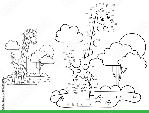 Puzzle Game for kids: numbers game. Coloring Page Outline of cartoon funny giraffe. Coloring Book for children.