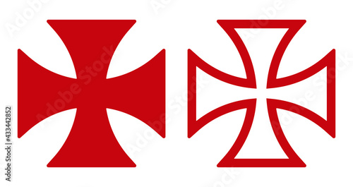 Maltese cross vector shape symbol. Christianity sign. Christian religion icon. Catholic and protestant faith logo or image. Teutonic crusader label. Gothic crusade crucifix.