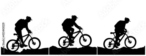 Fototapeta Naklejka Na Ścianę i Meble -  Vector illustration. Travel concept of discovering, exploring and observing nature. Biking. Adventure tourism. Woman ride a bike with a backpack on the rock. Design element for web template