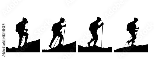 Vector illustration. Travel concept of discovering, exploring and observing nature. Hiking. Adventure tourism. Woman walks with a backpack and travel walking sticks. Design element for web template