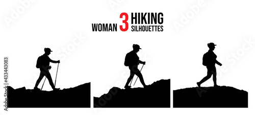 Vector illustration. Travel concept of discovering, exploring and observing nature. Hiking. Adventure tourism. Woman walks with a backpack and travel walking sticks. Design element for web template