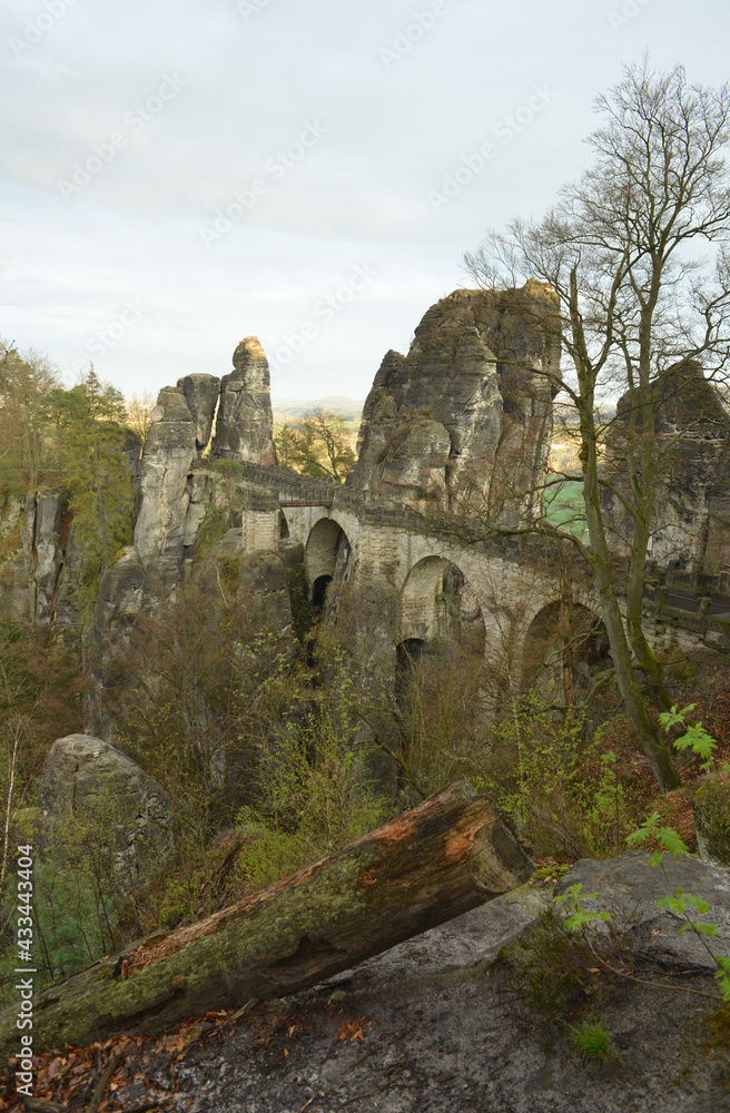 View to the Bastei bridge in Germany with almost no tourists and hikers