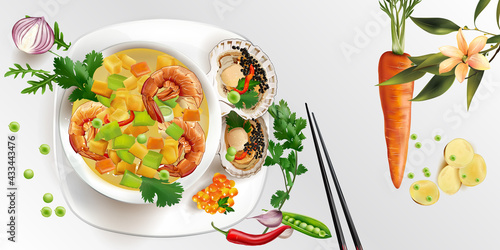 Tom Yam soup with shrimps and scallops with black caviar.