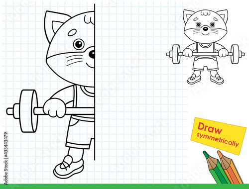 Draw symmetrically. Coloring Page Outline Of cartoon cat with barbell. Sport. Coloring Book for kids.