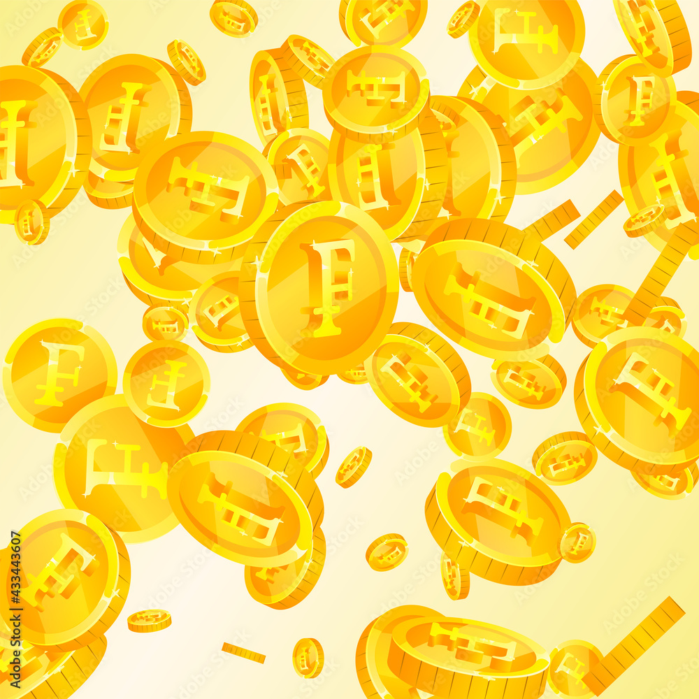 Swiss franc coins falling. Divine scattered CHF coins. Switzerland money. Exceptional jackpot, wealth or success concept. Vector illustration. Swiss franc coins falling. Divine scattered CHF coins. Switzerland money. Exceptional jackpot, wealth or success concept. Vector illustration.