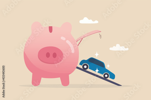 Saving money for new car, automobile expense and cost or car loan concept, wealthy piggybank open container loading deliver new car to new owner.