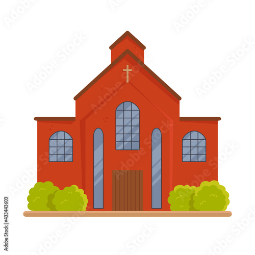 Huge old brick christian church isolated on white. Catholic religious place or monastery with cross. Public protestant house for union. Architecture and landscape. Vector flat cartoon illustration