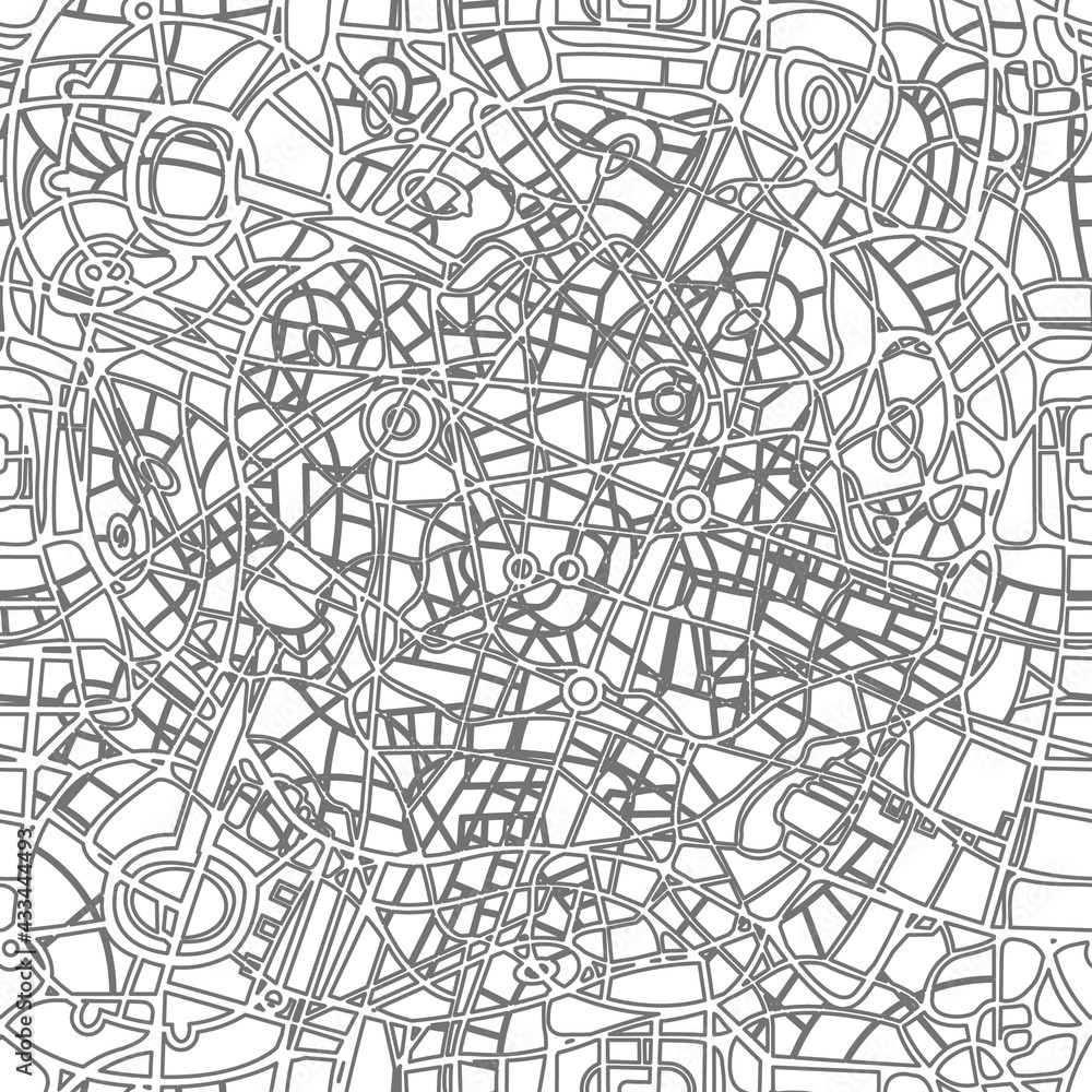Abstract seamless city map pattern. Vector monochrome background with the intersecting of many roads and streets of large city. Decorative urban texture, suitable for wallpaper, wrapping paper, fabric