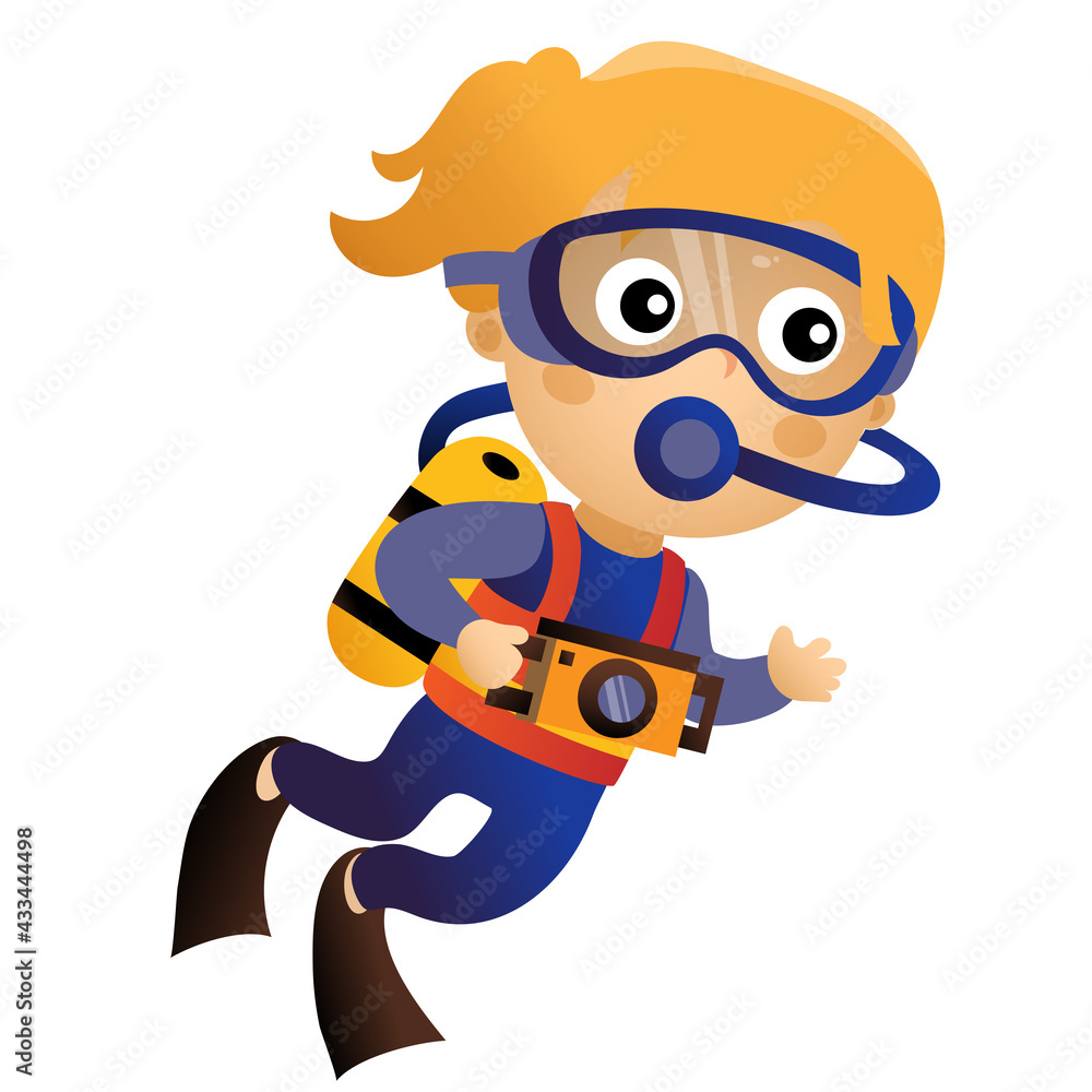 Fototapeta premium Cartoon little girl scuba diver. Marine photography or shooting. Underwater world. Colorful vector illustration for kids.
