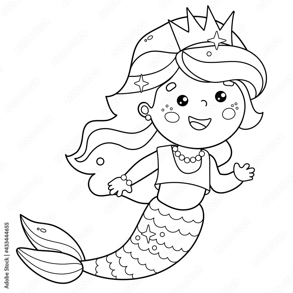 Coloring Page Outline of cartoon beautiful little mermaid. Marine princess. Underwater world. Coloring Book for kids. Coloring Page Outline of cartoon beautiful little mermaid. Marine princess. Underwater world. Coloring Book for kids.