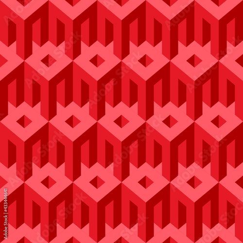 Seamless pattern with architectural elements. Repeating vector texture with geometric 3D elements. Monochrome background in red tones  suitable for wallpaper  wrapping paper  fabric  textiles