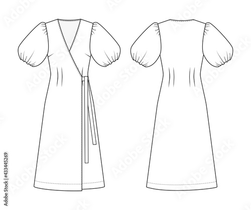 Fashion technical drawing wrap dress. Puffy sleeves dress fashion flat template.