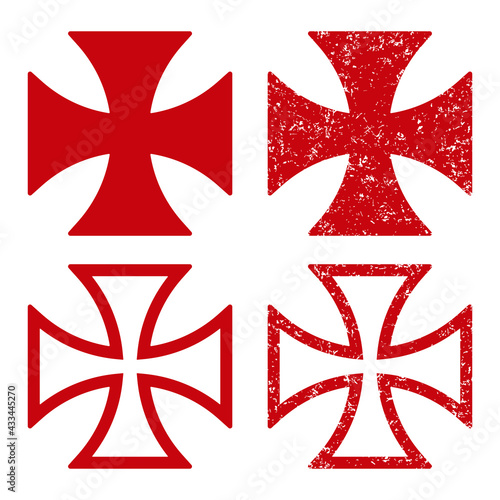 Maltese cross vector shape symbol set. Christianity sign. Grunge texture. Christian religion icon. Catholic and protestant faith logo or image. Teutonic crusader label. Gothic crusade crucifix.