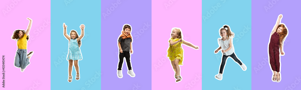Art collage made of portraits of little and happy kids isolated on multicolored studio background. Human emotions, facial expression concept Art collage made of portraits of little and happy kids isolated on multicolored studio background. Human emotions, facial expression concept