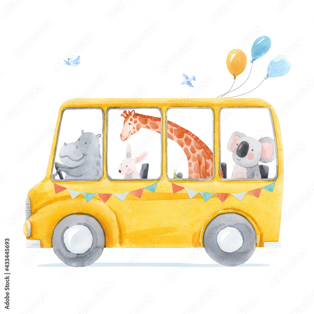 Beautiful stock illustration with cute hand drawn watercolor bus with ...