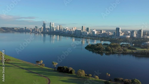 Early morning aerial view of the Perth skyline and Swan River in Western Australia.