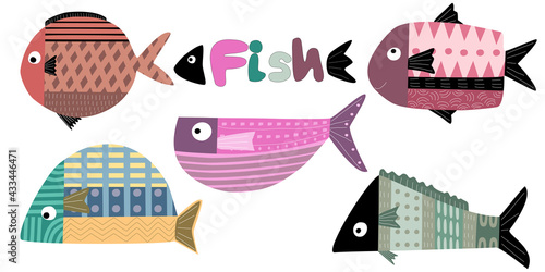 A collection of colorful fish patterns, Doodle-style designs that can be applied in a variety of applications such as digital stickers, digital paper, fabric printing, bag pattern, shirt pattern, mug