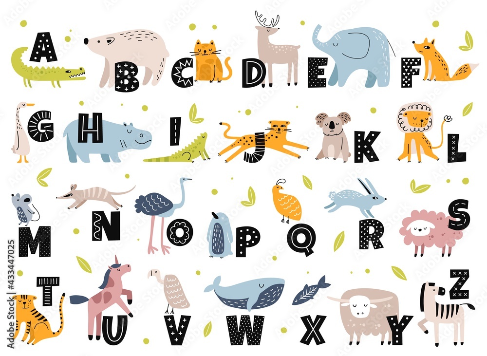 Fototapeta premium Animal alphabet in scandinavian style. Cute elephant, fox, bear, unicorn. Hand drawn cartoon animals with letters for kids education vector set. Latin or English language for children