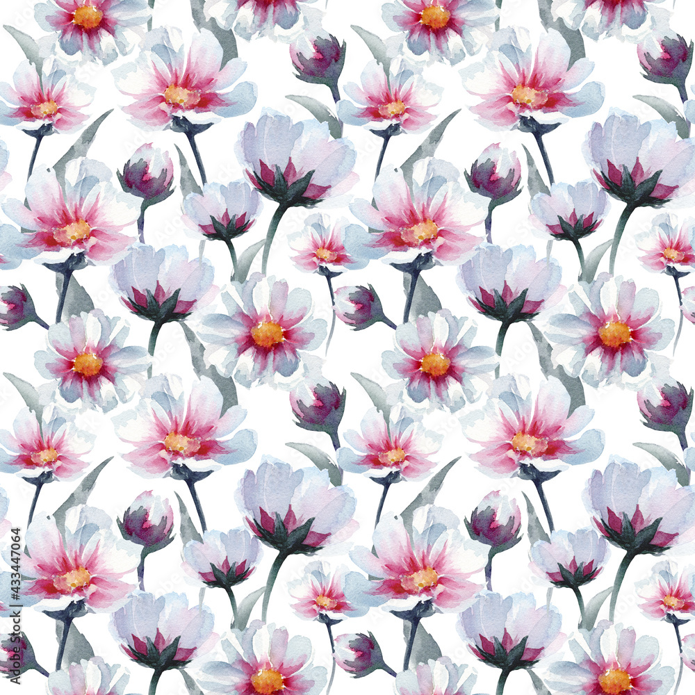 Hand drawn watercolor seamless pattern. Cosmos flowers on white background. Nice blossoming endless texture for your design. Hand drawn watercolor seamless pattern. Cosmos flowers on white background. Nice blossoming endless texture for your design.