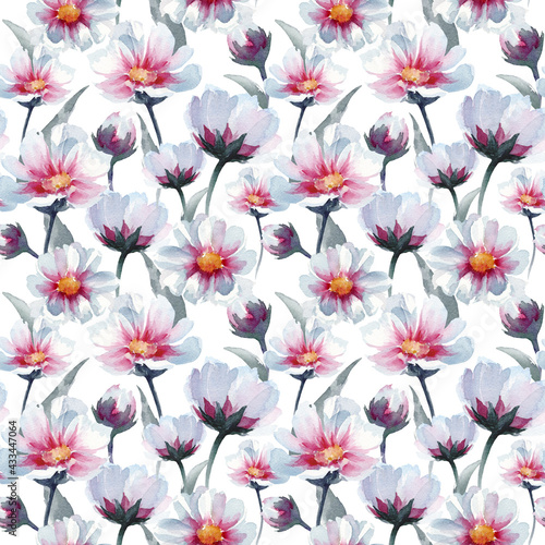 Wallpaper Mural Hand drawn watercolor seamless pattern. Cosmos flowers on white background. Nice blossoming endless texture for your design. Torontodigital.ca