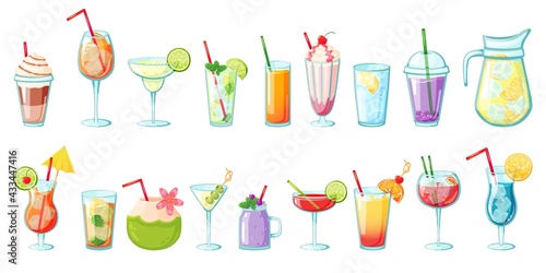 Summer drinks. Non alcoholic tropical cocktails, lemonades, smoothies, fresh juices, water with ice. Cold beverages for summer party vector set. Exotic isolated drinks for refreshment